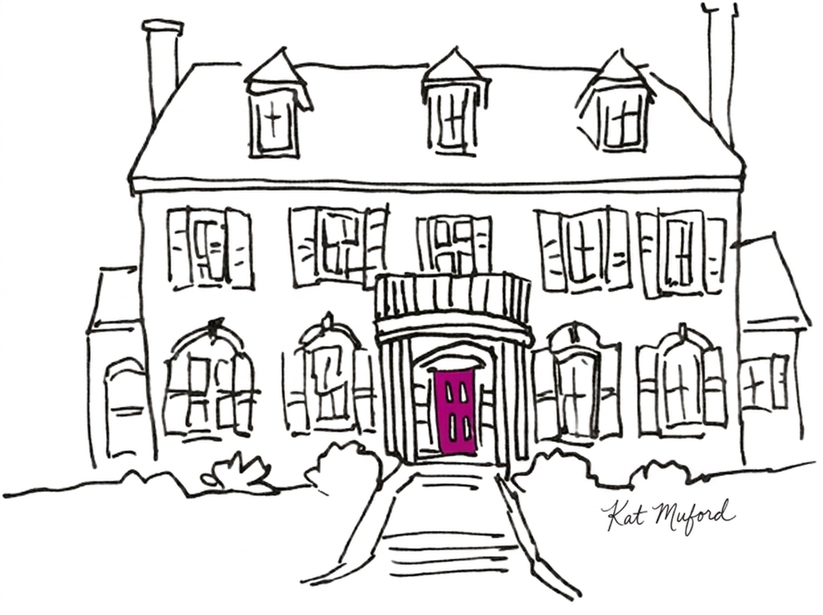 Hand-drawn sketch of a two-story house with a fuchsia front door, signed Kat Muford